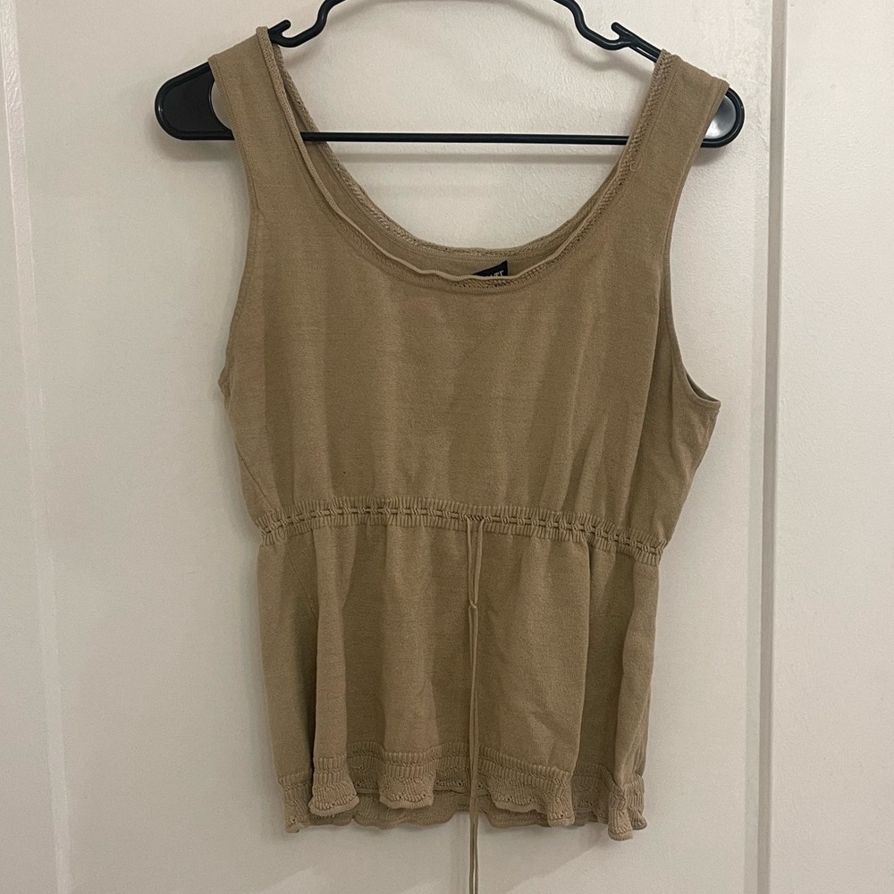 Vintage Y2K Knit Babydoll Sleeveless Drawstring Peplum Tank Top Tan
